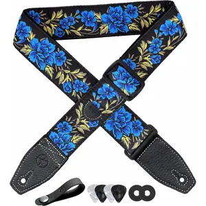 Guitar Strap 2",  Embroidery Flower Guitar Straps with Full Grain Leather End, for Bass, Electric and Acoustic Guitars, Free Button, Locks and Picks