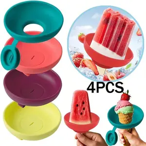 4-Piece Silicone Ice Cream Stands, Anti-Drip Conical Support Rack, Portable Popsicle Mold Tray, Dishwasher Safe, Summer Snack Box with Handle