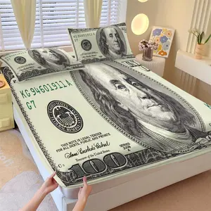 3-Piece Money Patterned Fitted Sheet Set,100 US dollars, Cash, USD Printed Bedding Set, Bed Sheets Set ,Suitable for Those Who Love Money for Bedroom Decoration. The Material Is Soft, Breathable, and Comfortable, Including 1 Fitted Sheet and 2 Pillowcases