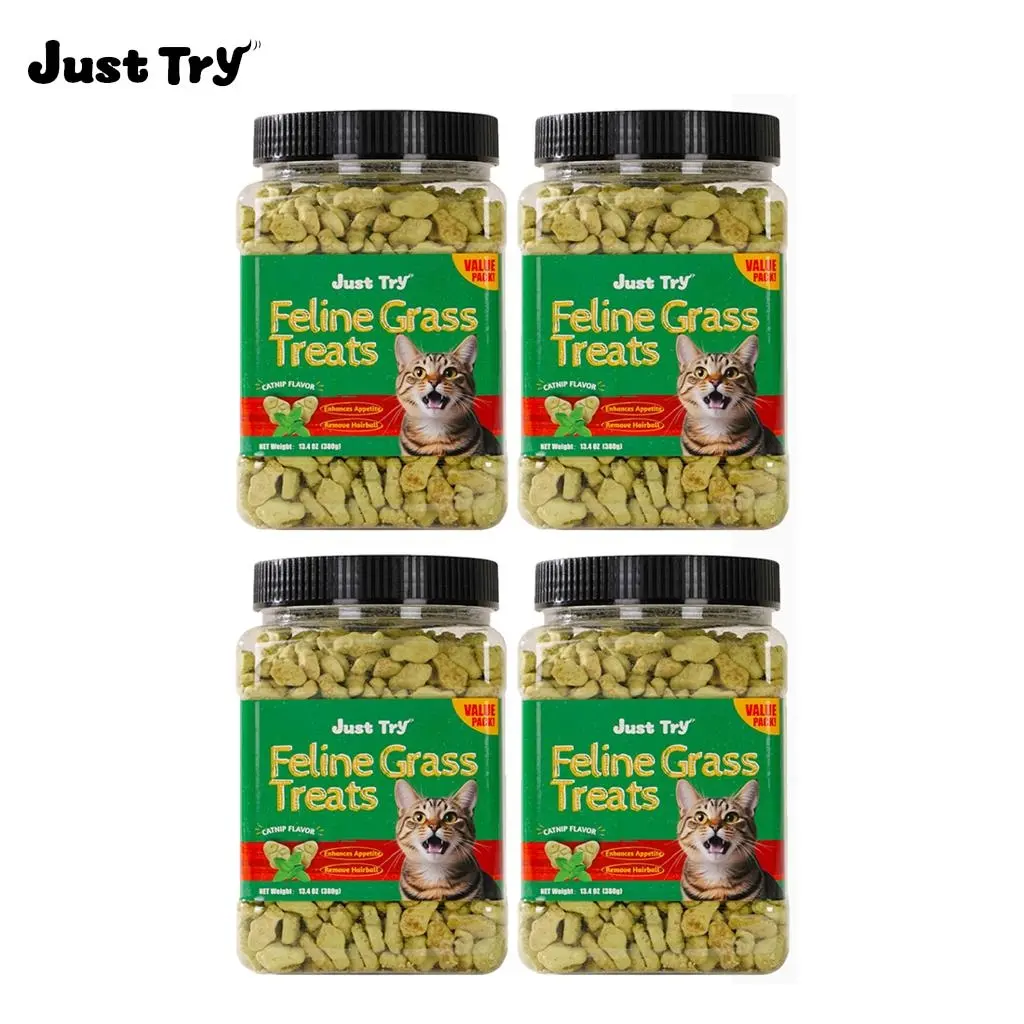 JUST TRY 4PCS Cat Treats for Indoor Cats Hairball Control Natural Salmon Healthy Cat Grass Treats Kitten Snacks Training Biscuits Catnip for Cats Dental Care 13.4 OZ