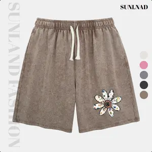 Sunland Acid Washed White Flower Print Sweat Shorts 98% Cotton Sport Athletic Elastic Waist Drawstring Gym Workout Jogger Pants with Pockets Premium Comfort Softness Functional Adjustable Design for Any Occasion summervibes