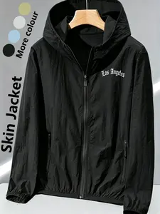 Womens Hooded Ultra-Thin Skin Jacket, Fashion Casual Trendy Comfortable Lightweight Breathable Quick Dry, Los Angeles Gothic Font Letter Print, Loose Fit, Suitable for Daily Commute Outdoor Travel, Multi-Color Available All Season Versatile