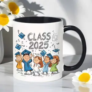1pc, 11oz, ceramic coffee mug, Class of 2025 Celebration Mug - High-Quality Ceramic Graduation Cup with Youngsters in Cap and Gown Illustration, Perfect Gift for Graduates