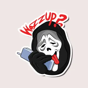 Funny Ghost Mask Sticker, Wazzup Halloween Decal, Retro Scary Face Cartoon Sticker for Laptop, Car, Helmet or Water Bottle