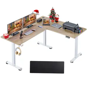 63"x55"x24" Electric L-shaped Standing Desk Computer Table with Mouse Pad Corner Sit-stand Desk for Home Office Gaming Room, 28"H-46"H Height Adjustable Spacious Desktop, 2 Pre-set Memory Height Headphone Hook Cable Management, Multiple Monitors