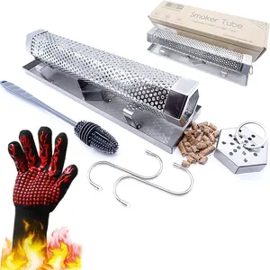12'' Pellet  Tube,  Tube for Pellet  With a Stainless Steel Tray and Tube Cover, 5 Hours Billowing , Works with Any Grill or