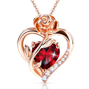 Rose Heart Birthstone Necklace for Women, 925 Sterling Silver Rose Gold Necklace, Romantic Jewelry Gift for Wife Girlfriend Mom