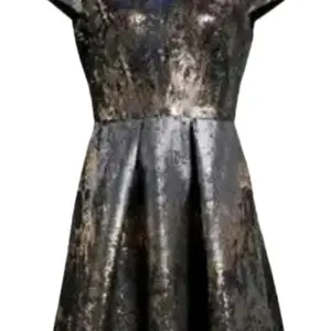 Vince Camuto  women's Metallic jackquard cocktail dress , V - neck, sleeves,pockets, zipper in back