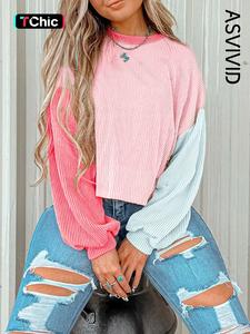 women's colorblock twisted ribbed knit dropped shoulder cropped sweatshirt, casual round neck long sleeve for fall winter, ladies daily wear