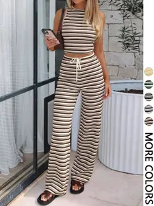 Women's Striped Knit Co-ord Set, Crew Neck Sleeveless Crop Tank Top & Elastic Drawstring Waist Wide Leg Pants, Soft Stretchy Breathable Ribbed Knit Fabric, Multiple Color Options, Casual Daily, Vacation & Loungewear, Vintage Relaxed 2-Piece Style