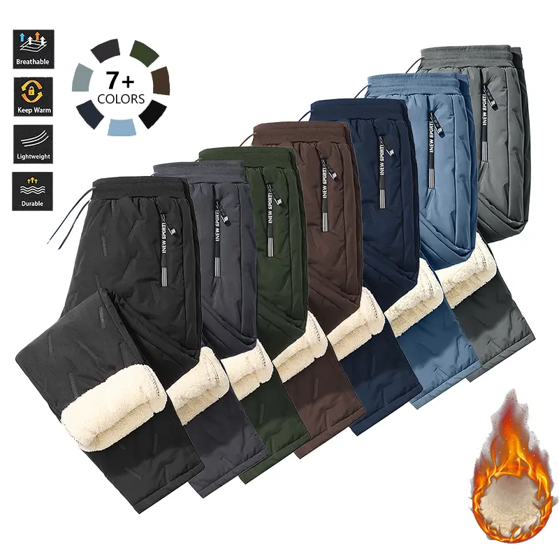 Men’s long casual sports pants, 1-pack, fleece-lined, heavyweight thick winter warm pants, straight-leg design with zipper pockets, solid color, suitable for everyday wear at home and outdoor use, men’s snow pants.