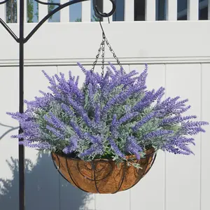 Artificial Faux Outdoor Hanging Flowers Plants Basket for Porch Spring Decoration, 12 Bundlies Fake UV Resistant Lavender with Coconut Lining Baskets for Home Patio Balcony Yard Hanging Planters
