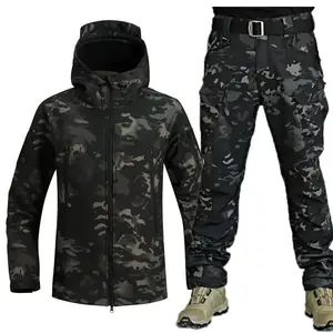 Men’s Winter Thickened Camouflage Waterproof Tactical Training Suit, Multi-Pocket Hooded Jacket with Fleece Pants, Outdoor 2-Piece Set