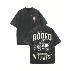 Men's Washed Cotton Short Sleeve T-Shirt Double-Sided Print Western Cowboy Style Rodeo Pattern Loose Casual Trendy American Retro Solid Color Round Neck Top Summer New Unisex Fashion Street Style Plus Size Couple Style