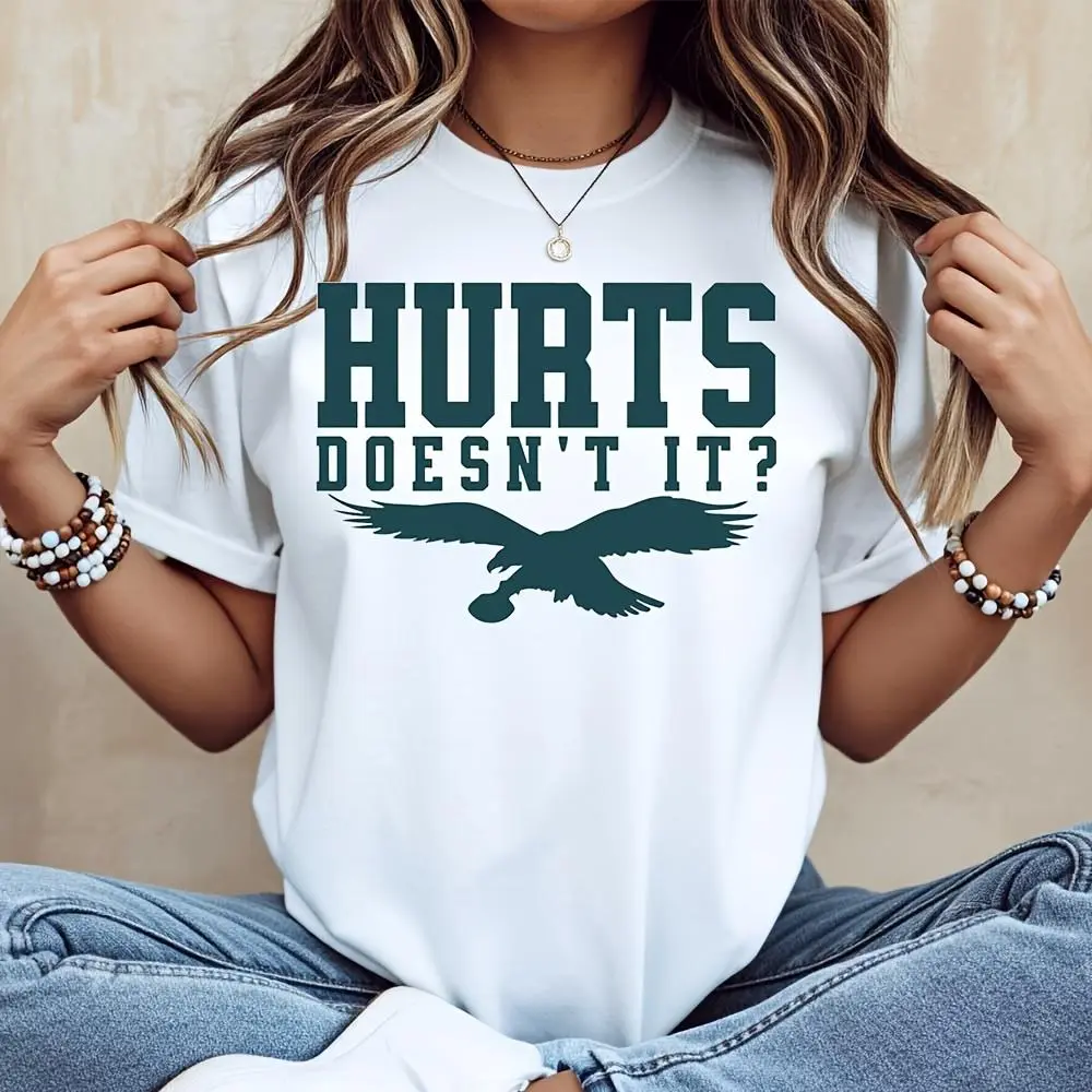 Hurts Doesn't It Eagle Graphic Print T-Shirt, Philadelphia Football Fan Slogan Tee, Casual Daily Wear Game Day Outfit