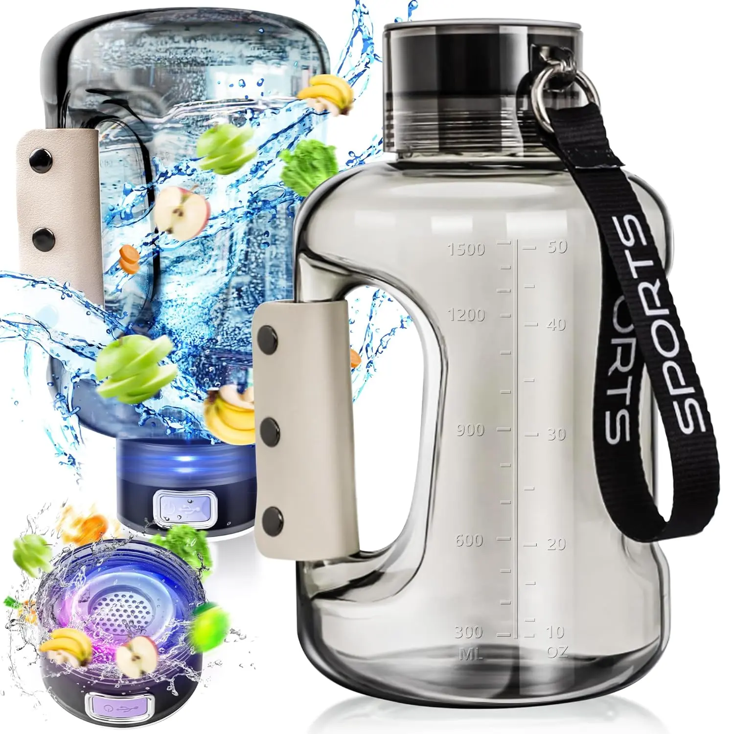 1.5L Reusable Portable Hydrogen Water Bottle Generator Machine - USB-Rechargeable, Lightweight Durable Cylindrical Kitchen Drinkware, 3-Min Rapid Electrolysis, Antioxidant-Rich Alkaline Water, Silicone Seal Lid Tumbler, 2000mAh, Travel Ready