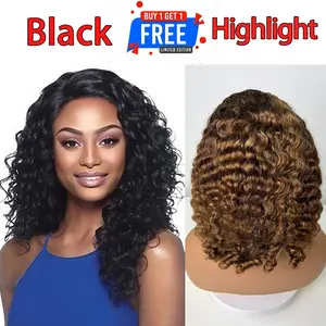 [Clearance Sale]Buy 1 Get 2 !!! Showrealhair Full Machine Half Wig 16 INCH Burmese Curly Short Brazilian Virgin Human Hair Wig 180% High Density For Black Women Party Daily Use