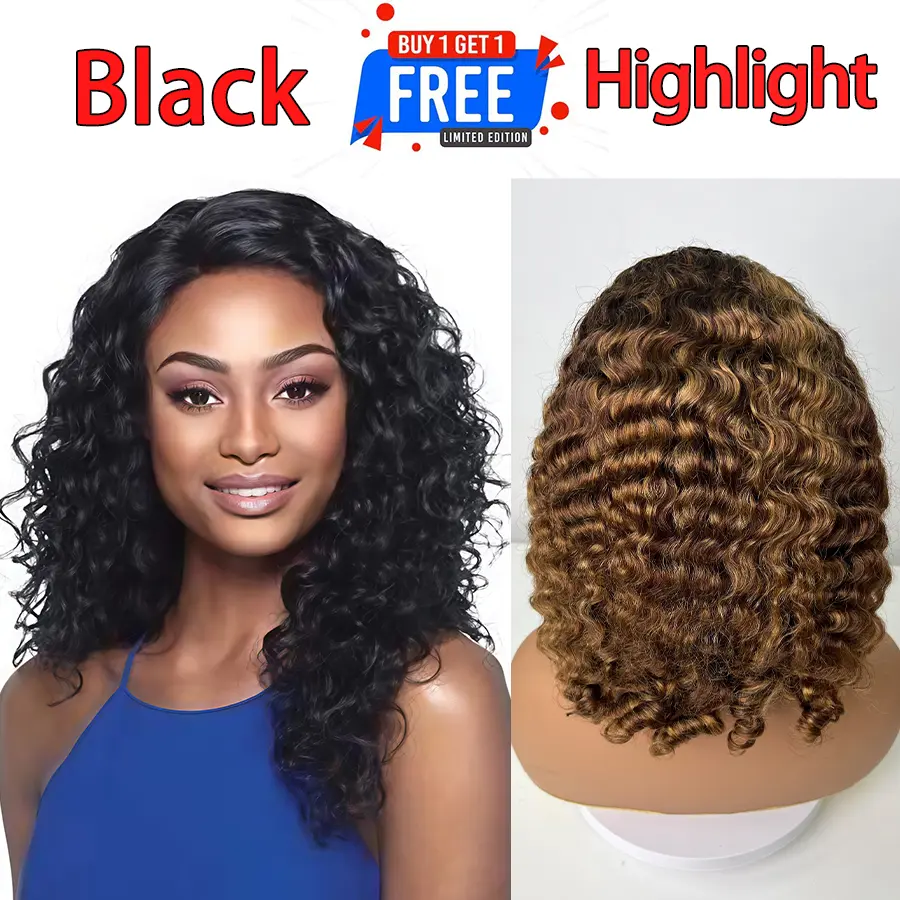 【 Mid-Year Sale】$99 Get 2 Wigs 16 INCH Showrealhair Full Machine Half Wig Burmese Curly Short Brazilian Virgin Human Hair Wig 180% High Density For Black Women Party Daily Use
