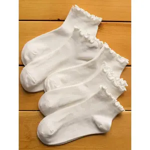 Women's 5 Pairs Solid Frill Trim Crew Socks, Casual Soft Comfy Breathable Socks for Spring & Summer, Women's Socks for Daily Wear, Breathable Plain Socks