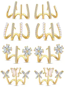 4 Pairs Ear Climber Earrings Trendy And Elegant AAA+ CZ Pearl Butterfly Flower Decor Hypoallergenic Silver Needle Lightweight Versatile Earrings For Women And Girls Daily Wear Party Gift Earrings Set