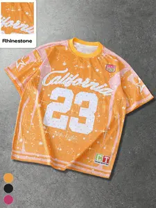 Men's Summer Y2K Street Style Jersey Top, Glitter Rhinestones, California 23 Print, Breathable Mesh, Casual Party Basketball Wear