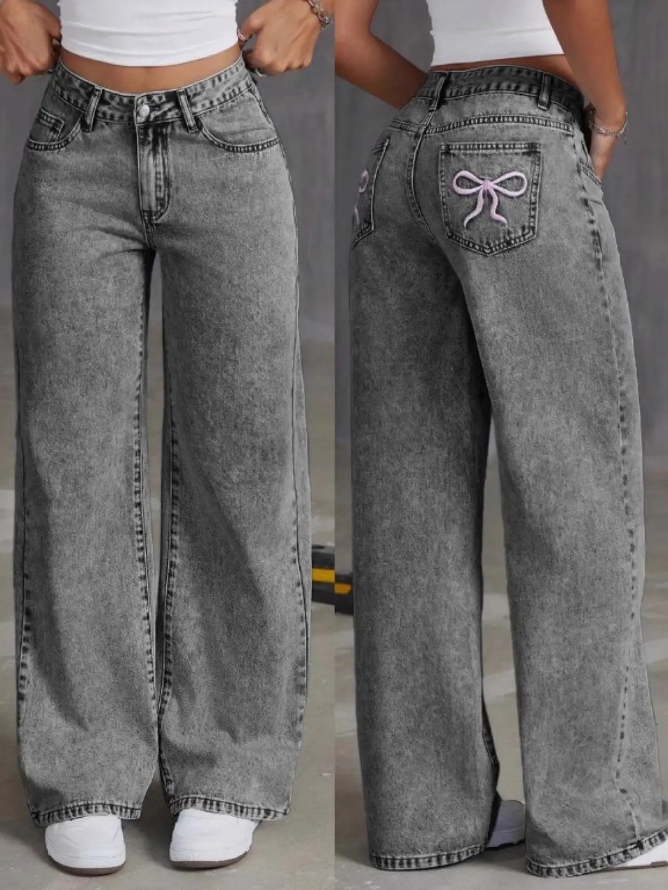 Women's Butterfly Embroidery Denim Jeans, Sweet Spicy High Waist Straight Leg Loose Casual Everyday Long Pants, Fashionable & Comfortable Trouser, Casual Denim Trousers, Embroidered Casual Jeans