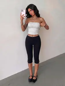 Women's Polka Dot Tube Top & Lace Trim Capri Pants Set 2026 Slim Fit Casual Streetwear Summer Daily Trendy Going Out Stylish Viral TikTok Fashion Essential