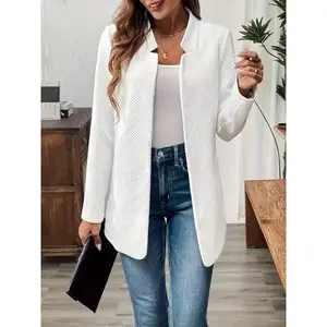 [Plus Size Open Front Blazer] Plus Size Solid Textured Open Front Blazer, Elegant Long Sleeve Blazer For Work, Womenswear Tops White Chic Suits Spring