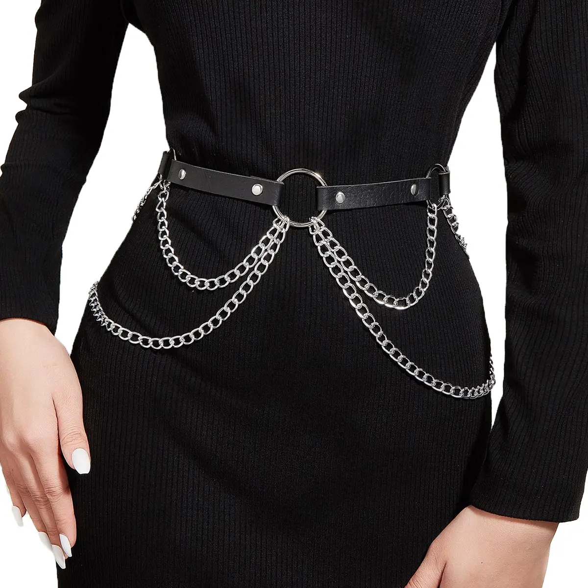 Women's Gothic Minimal Alloy Harness Belt - Adjustable Size PU Leather Waist Strap, Dual Draping Silver Chains, Single Central O-Ring, Rivet Accent, Anti-Tangle Chains, 2-Tier Design, Heavy Duty for Edgy Daily Wear