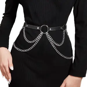 Belts Minimal Dark Fashion Dual Draped Silver Chain Waist Strap Single Central O Ring PU Leather Adjustable Waistband Women Daily