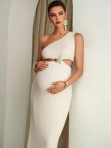 ELARA Maternity Clothes Maternity  Dress Apricot Dress, Elegant Pregnant Women's Solid Color Sleeveless Hollow Out Elegant Dress, Suitable For Summer