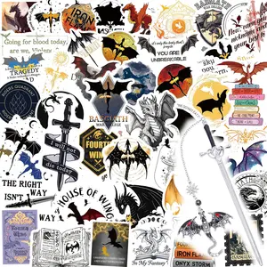 Fourth Wing Dragon Sword Bookmark, 60pcs/set Vintage Metal Tassel Pendant, Fantasy Bookmark for Bookworms, Men, Boys, Readers, 60pcs Holographic Stickers