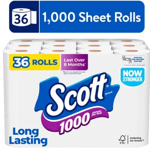 Scott 1000 Toilet Paper, 1-Ply Bath Tissue, 36 Rolls, 1000 Sheets per Roll