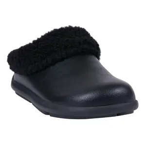 GC Shoes Women's Shari Black Flat Winter Round Toe Slip On Plain Faux Leather Shearling Collar Cushioned Footbed Lightweight Sole