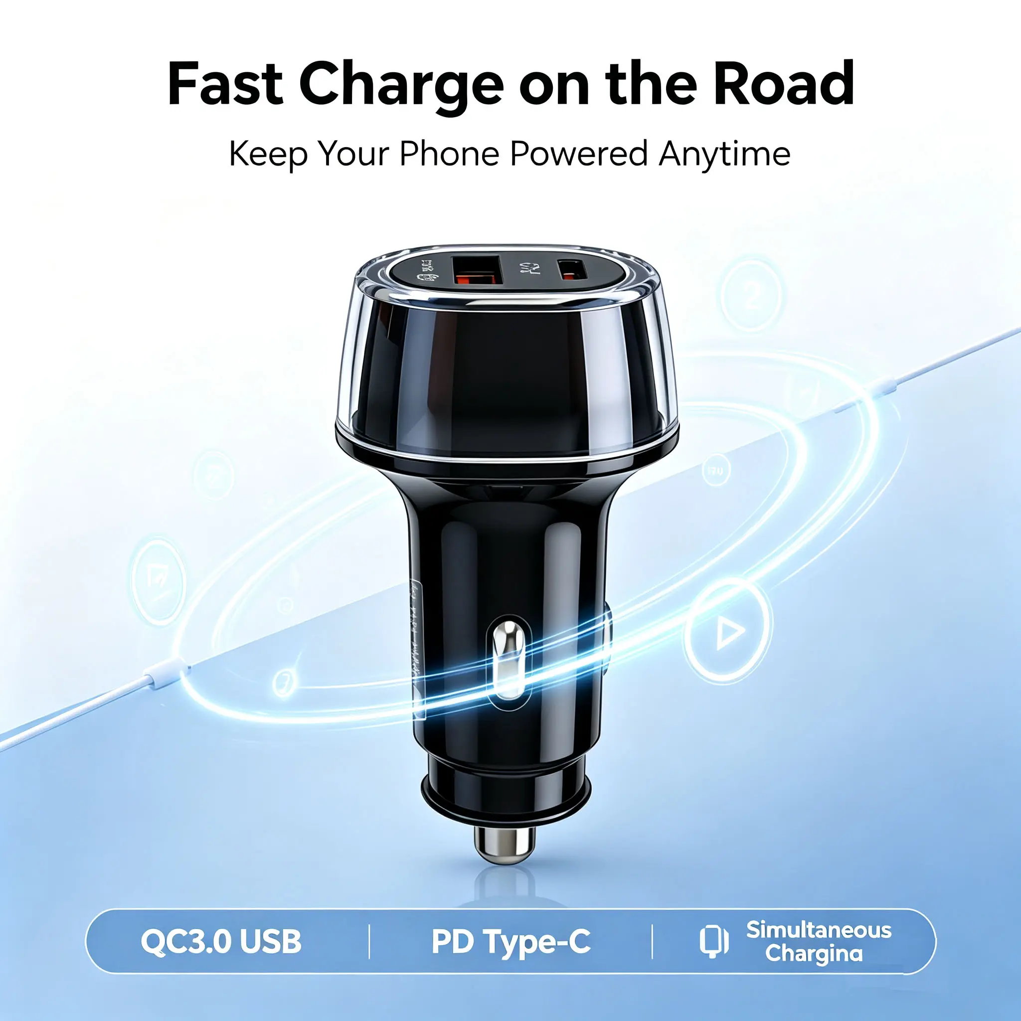 2-in-1 Dual Port Smart Car Charger with Global Anti-Lost Location Tracker, Compatible with Apple Find My & Android Find Hub, Fast USB QC3.0 + PD Type-C Vehicle Charger for All Smartphones