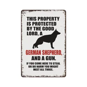 8x12 Inch Aluminum Metal Sign - This Property Is Protected By The Good Lord, A German Shepherd, And A Gun - Funny Security Warning Wall Decor for Home, Yard, Garage, and Farmhouse - Humorous Pet Art Plaque for Property Owners & Dog Lovers