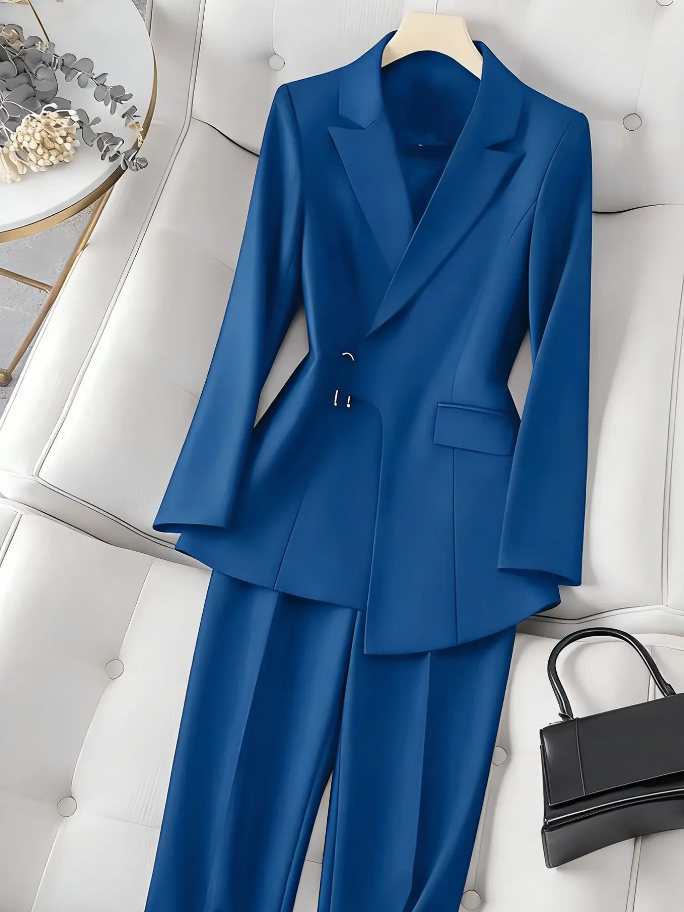 Two-piece women's blue single-breasted fitted Long Sleeve Business Suit Set with slightly open hem and curved arc, high-waisted straight-leg pants, Business Attire Clothes, suitable for spring, daily commuting, and party photos
