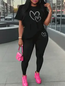 Women's Cartoon Print Tee & Leggings Set, Casual Sporty Round Neck Short Sleeve T-shirt & Skinny Pants for Summer, Ladies Sportswear for Daily Wear, Gym Workout Set, Tracksuit Outfit, Casual Fitness Wear, Casual Athletic Wear