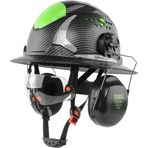 3-in-1 Vented Full Brim Hard Hat - Adjustable HDPE Plastic, Flip-Up Anti-Fog Visor, Ear Muffs, Reflective Strips, Lightweight Ratchet Suspension, Head Eye Ear Protection for Construction, Industrial Work