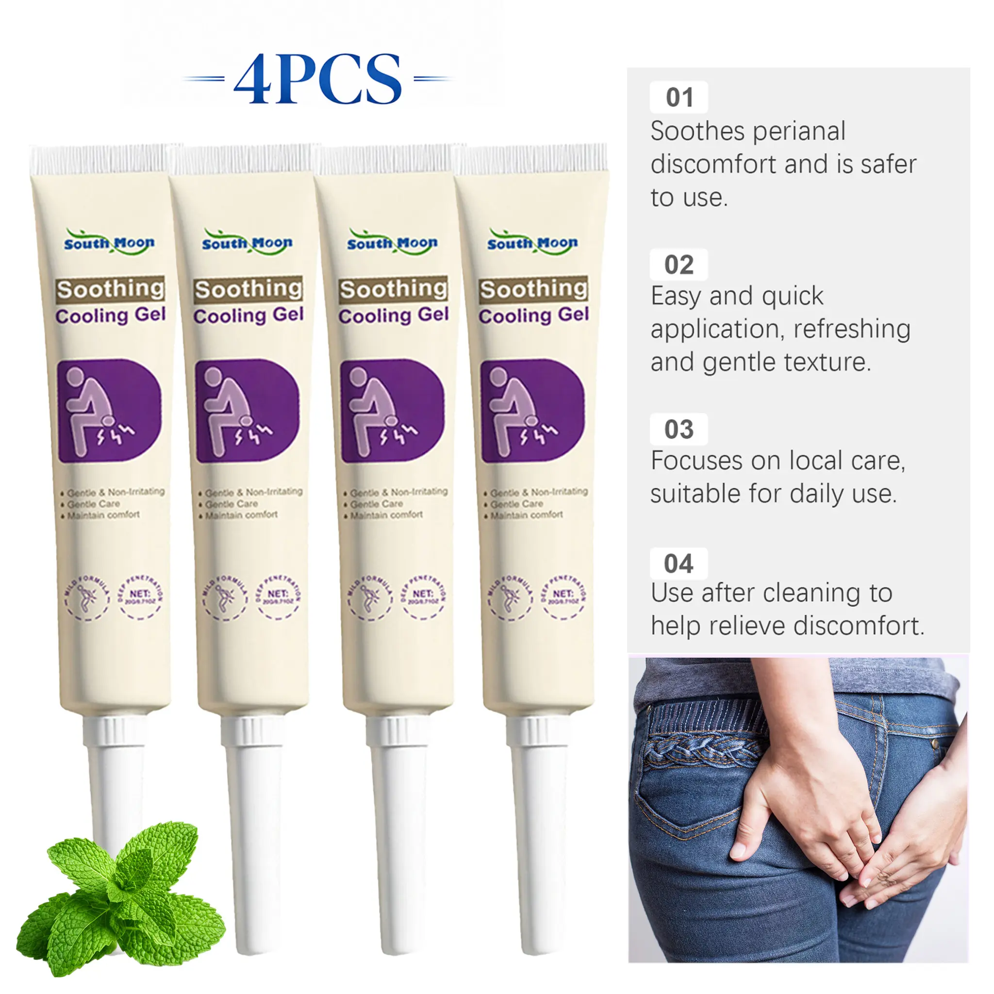 4pc Perianal Cooling Gel for Hemorrhoid Relief Cream - Gentle Non-Irritating Body Moisturizer, Pain Relief, Reduce Blood Clots, Soothing Personal Comfort Care Product with Cooling Sensation