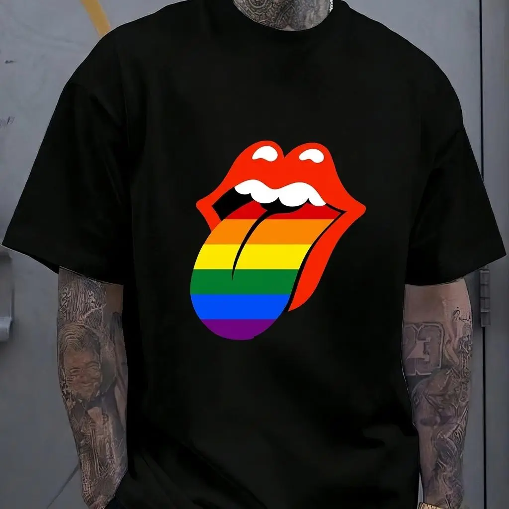 Pride-Themed Men's Short-Sleeve Classic Fit Cotton T-Shirt, LGBTQ+ Rock Style, Round Neck, Rainbow Tongue Graphic, Rainbow Stripe, Casual, 100% Cotton, Images Do Not Peel or Fade