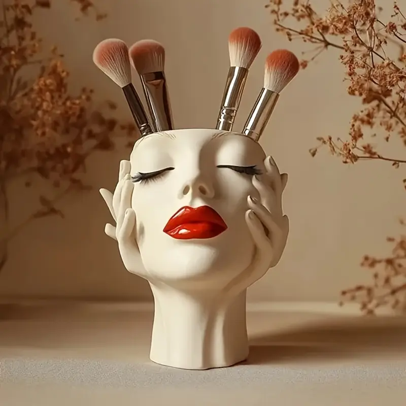 1pc Modern Compact Elegant Red Lip Design Resin Makeup Brush Holder - 1-Piece Lightweight Synthetic Resin Cosmetic Organizer for Home Vanity Makeup Organization, One-Piece