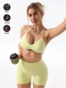 New Women's Seamless Knitted Sport Set, Halter Sports Bra, Three-Section High Waist Shorts, Open Back Design, Yoga Activewear, Ideal for Yoga and Gym
