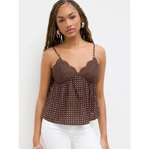 Cider Chiffon V-neck Polka Dot Patched Lace Cami Blouse