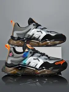 Men's Fashionable Patchwork Design Lace Up Sneakers, Casual Comfortable Breathable Sports Running Shoes, Male All-match Round Toe Chunky Sneakers for Daily Life