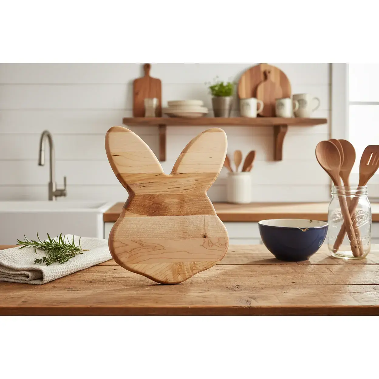 12" Natural Northern Hard Maple Chopping Board - Animal Shape Easter Bunny Design, Oil-Friendly, Bright Clean Maple Tones, Unique Grain Patterns, Spring Kitchen Essential for Cutting, Serving, Knives Compatible, Cooks' Display-Worthy Kitchenware