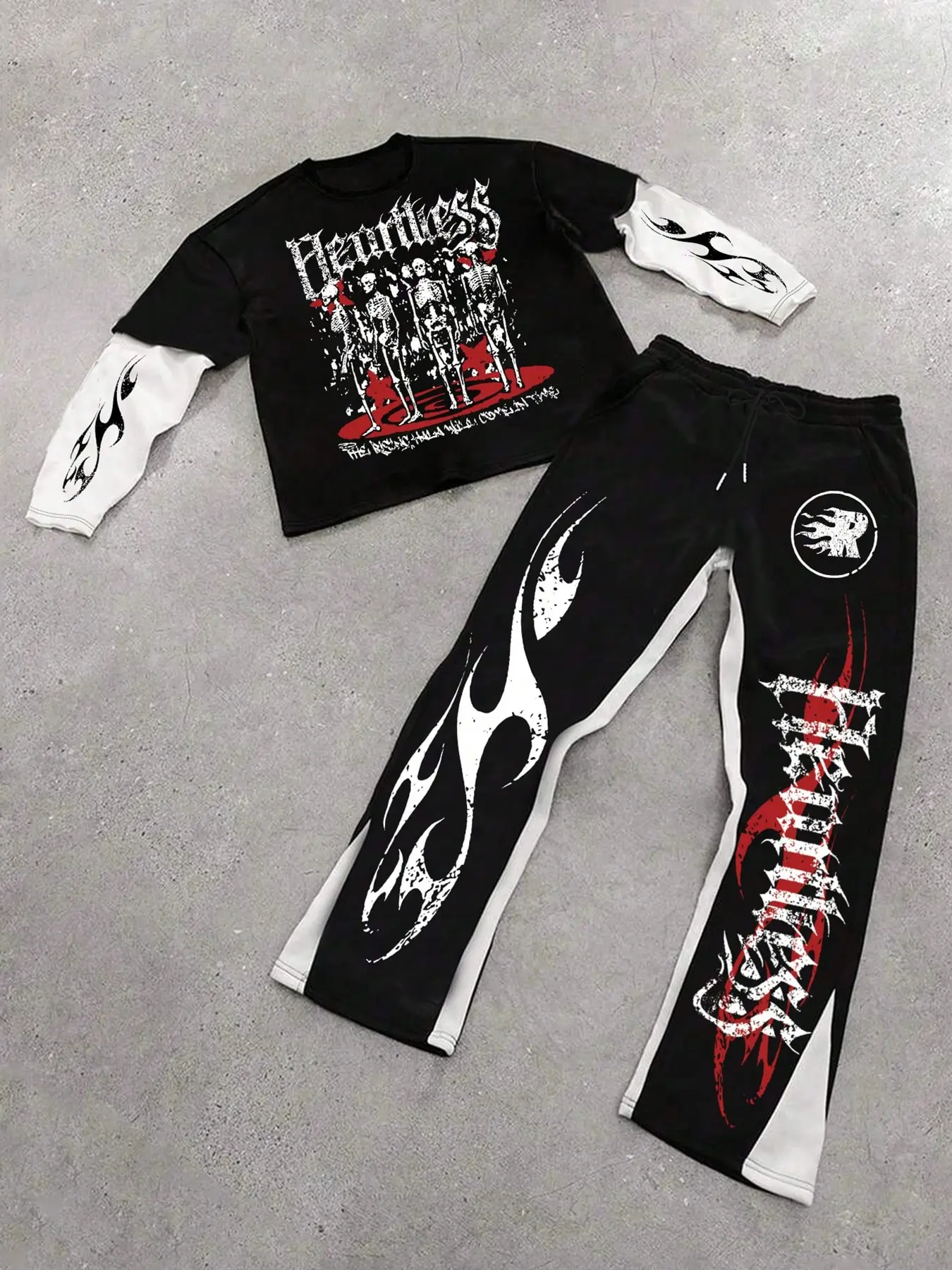 Two-Piece Colorblock Long Sleeve Tee & Bell Bottom High Waist Drawstring Pants Set, Graphic Skull Skeleton Print Gothic Fashion, Casual Youth Y2K Vintage Style