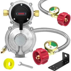 RV  2-Stage Auto Changeover LP  Gas Regulator with Two 18" RV Pigtail  Stainless Braided Hoses with Gauge, Dual  Tank Regulator for RVs, , ,Camper