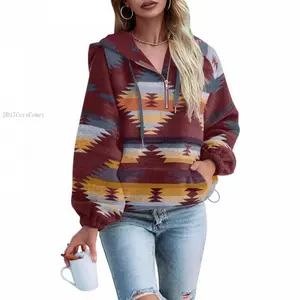 Womens Half Zip Up Hoodies Sweatshirt Casual Long Sleeve Oversized Ethnic Tribal Hooded Pullover Shirt TopDD17CoreComet
