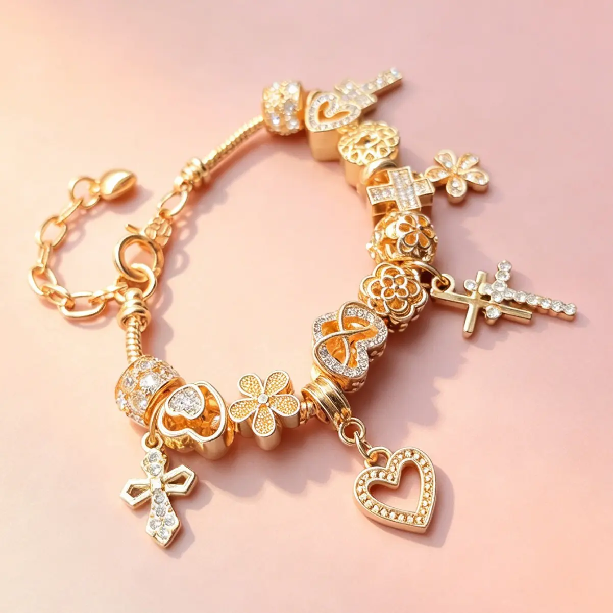 QUEENDO Gold-Toned Charm Snake Chain Bracelet with Heart, Cross & Sparkly Stone-Inlaid Flower Charms, Adjustable Extension Chain for Custom Wrist Fit, Delicate Statement Jewelry for Daily & Party Gifting